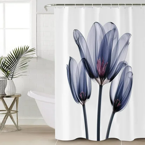 Miniatura 3 de Cortina de ducha, fotografía abstracta de tulipanes de flores azules transparentes, juego de cortina de ducha de tela impermeable con 12 ganchos