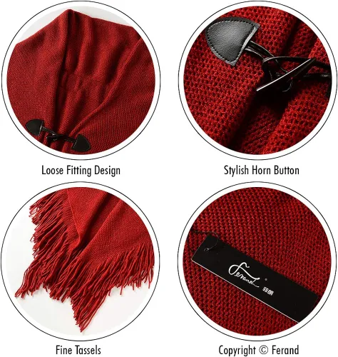 Miniatura 4 de Ferand Poncho de ajuste holgado para mujer con botones de cuerno elegantes, cuello en V y dobladillo en V