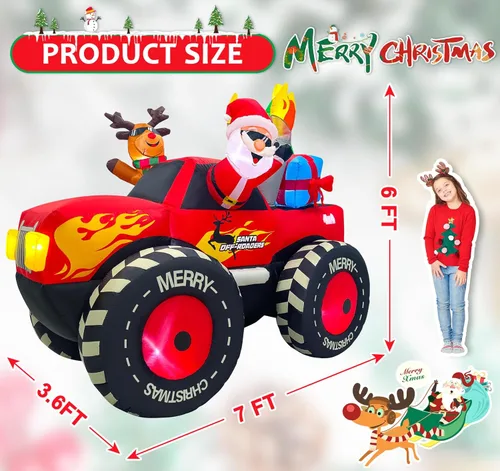 Miniatura 3 de EAONE Decoración inflable de Navidad de 7 pies para exteriores, Papá Noel inflable y renos en Monster Truck, decoración de patio inflable con luces