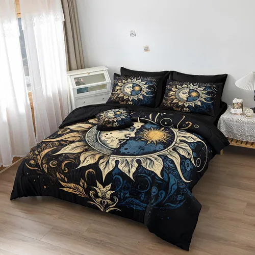Miniatura 4 de Juego de edredón de sol y luna negro, juego de ropa de cama boho, ropa de cama de galaxia celestial y espacio estrellado, edredón mandala exótico