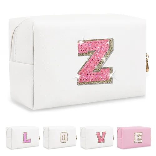 Miniatura 350 de Pequeña bolsa de maquillaje personalizada con inicial A-Z Preppy Patch, bolsa de cosméticos de viaje de felpilla blanca con cremallera, bonita bolsa