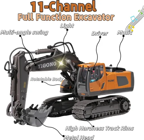 Miniatura 2 de Excavadora RC con luces y sonido, vehículos de construcción, juguetes de 11 canales, control remoto, equipo pesado, juguete para adultos, niños