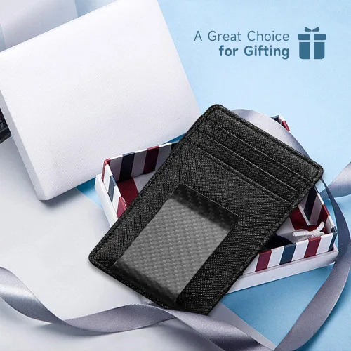 Miniatura 7 de Travelambo Clip para dinero para hombre, de piel, delgado, minimalista, con bloqueo RFID (tejido negro), Cros negros con clip mate, Minimalista