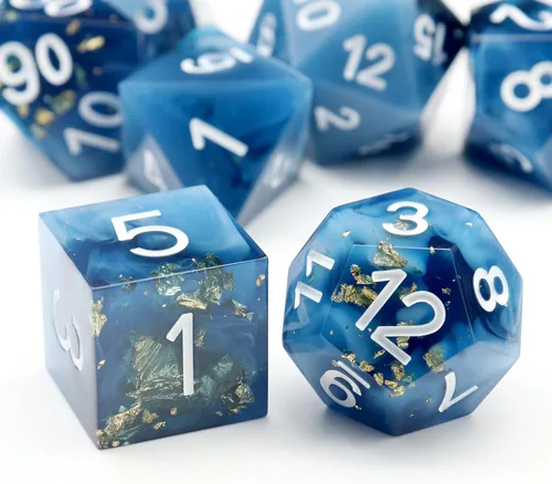 Miniatura 14 de Haxtec Juego de dados brillantes de borde afilado, dados DND de resina hechos a mano con inclusión de Mylar iridiscente, mezcla de color morado Azul
