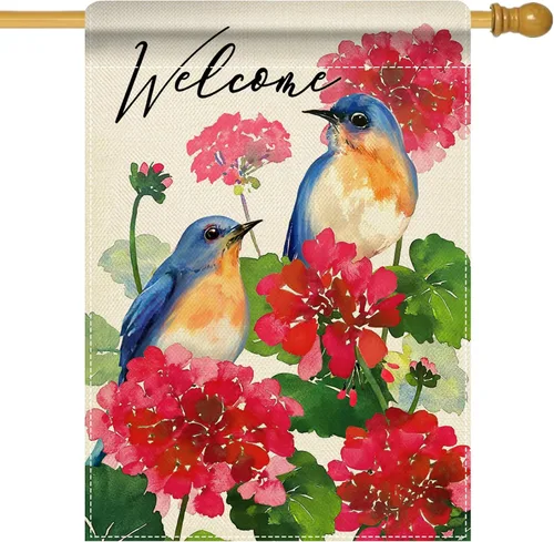 Miniatura 9 de Artofy Bandera decorativa pequeña de jardín con flores de geranio para primavera y verano, decoración exterior de arpillera de temporada, decoración