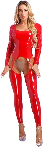 Miniatura 3 de YiZYiF Body de mujer brillante charol PVC cuero catsuit cuerpo completo látex apretado cremallera mono