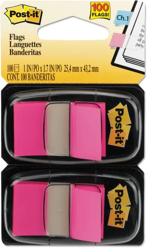 Post-it 680BP2 Banderas de página estándar en dispensador, color rosa brillante, 100 banderas/dispensador