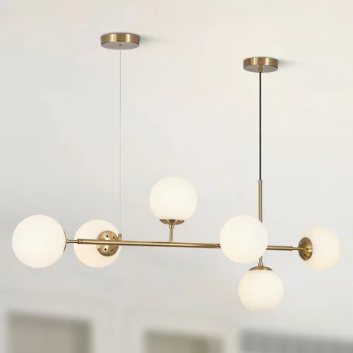 BOKT Lámpara colgante recta de latón dorado con 6 luces, lámpara colgante de Sputnik lineal moderna de mediados de siglo, globo grande, isla de