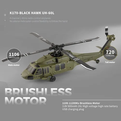 Miniatura 6 de FunXylophy WL K170 Helicóptero RC, 2.4G 4CH Flybarless 6-Axis Giroscopio Altitude Hovering RC Helicóptero militar con soporte de exhibición