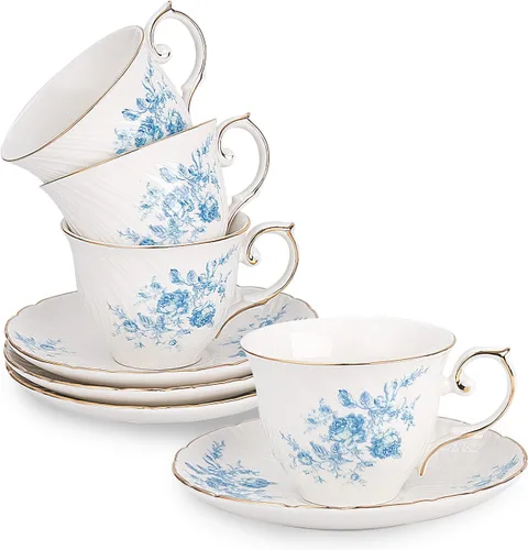 Miniatura 12 de Agyiuns tazas y platillos de cerámica para café, 6oz, taza de café para café, latte, café moca y té - Juego de 4 (Flores grandes - Juego de 4)