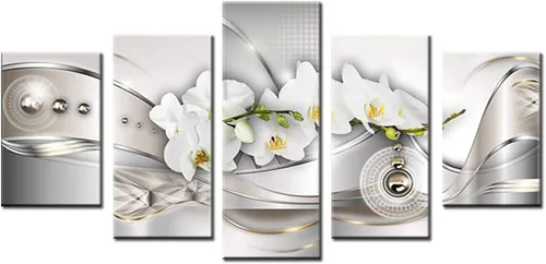 Miniatura 2 de Lienzo de flores gigantes vibrantes para pared, diseño de orquídeas perlas, decoración moderna, 5 paneles, pintura floral blanca, imagen HD