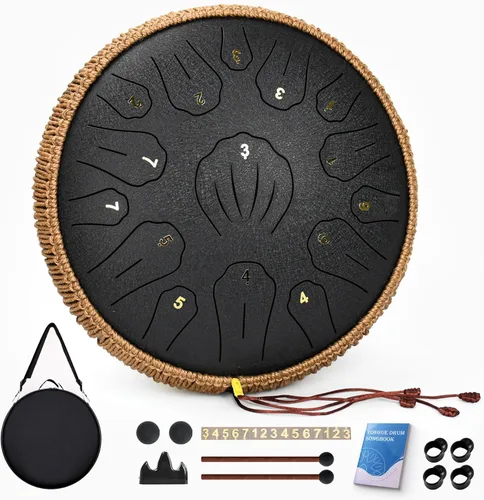 Miniatura 15 de Tambor de Lengua de Acero - 12 Pulgadas 15 Notas, Tambores de Lengua de Acero para Niños y Adultos, Handpan de Acero con Mazos, Hang Drum con Libro