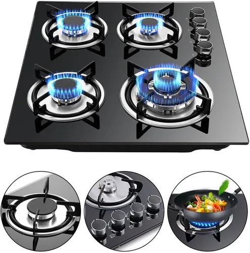 Miniatura 3 de Placa de cocina de gas de 23 pulgadas, estufa de gas incorporada, 4 quemadores, estufa de acero inoxidable, quemadores de vidrio templado negro