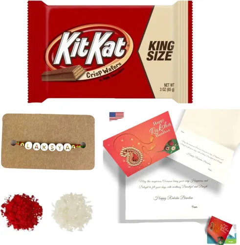 LOVENSPIRE Cesta de regalo Rakhi con nombre personalizado, Rakhi para hermano, Ferre-rocher/Ghirar-delli/Kit-kat, Raksha Bandhan, pulsera Rakhi,