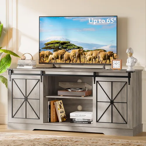 Miniatura 9 de Soporte de TV de granja para TV de 55, 60 y 65 pulgadas, mueble de TV moderno de mediados de siglo con almacenamiento y puertas corredizas