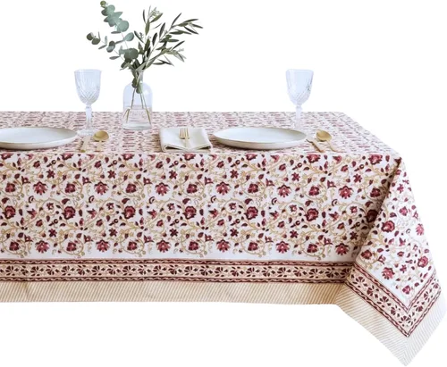Miniatura 39 de ATOSII Mantel Redondo Bohemio Jade de Algodón 100%, Mantel de Lino con Estampado Floral de Bloques para Comedor, Fiestas, Bodas, Exteriores I