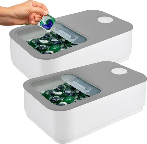 Skywin Recipiente grande para cápsulas de lavandería con tapa deslizante, paquete de 2 soportes para cápsulas de lavandería de 15 x 8.7 x 4.5 Gris