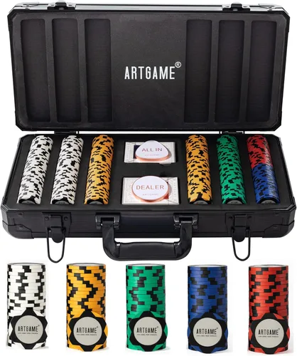 ARTGAME Juego de fichas de póquer de 14 gramos de arcilla para Texas Hold’em, 300 piezas de fichas estilo casino, con estuche de aluminio tipo K y