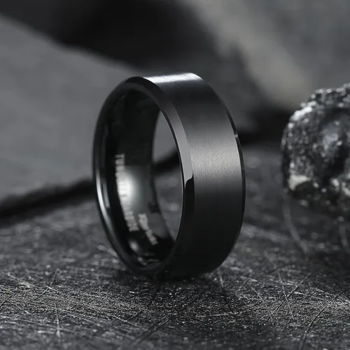 Miniatura 58 de King Will Anillo de boda de tungsteno para hombre, disponible en 15/64 a 25/64 de pulgada (6 a 10 mm), negro/plata, acabado mate, borde pulido