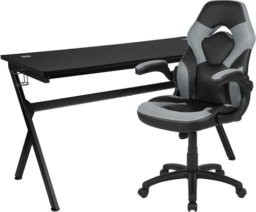 Miniatura 79 de Flash Furniture Juego de escritorio para juegos negro y silla de carreras blanco/negro con soporte para tazas, gancho para auriculares y soporte