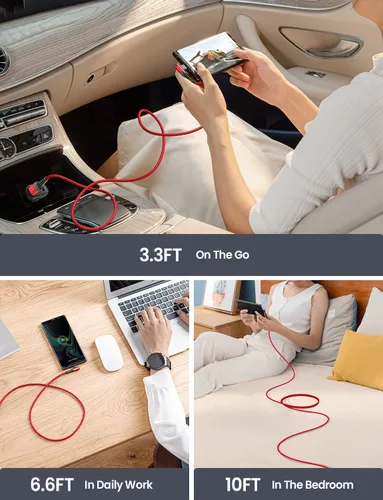 Miniatura 6 de AINOPE - Cable USB C a USB [Paquete de 3 unidades 3.3 pies/6.6 pies/10 pies] 3.1A USB carga rápida en ángulo recto, cable de carga USB C trenzado
