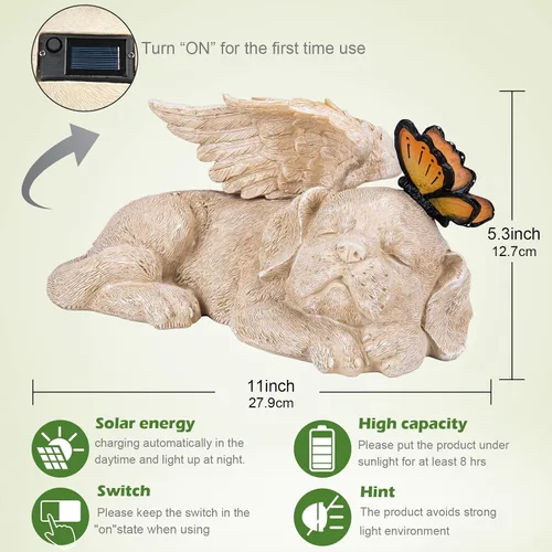 Miniatura 2 de WONDER GARDEN Estatua de Ángel Perro Durmiendo con Luz Solar - Piedra Conmemorativa para Mascotas, en Memoria de Perro, Estatuas de Tributo Cachorro