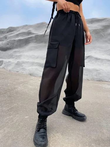 Miniatura 4 de OYOANGLE Pantalones cargo de malla transparente con cordón en la cintura y bolsillo con solapa para mujer