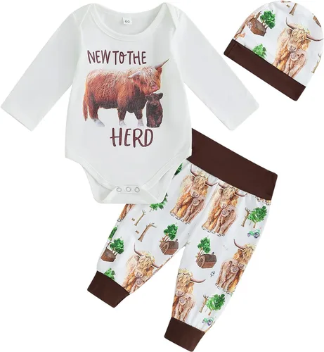 Omkzanbi New to the Herd - Body para recién nacido, para niño y niña, mono de vaca de las tierras altas, pantalones deportivos, sombreros, para