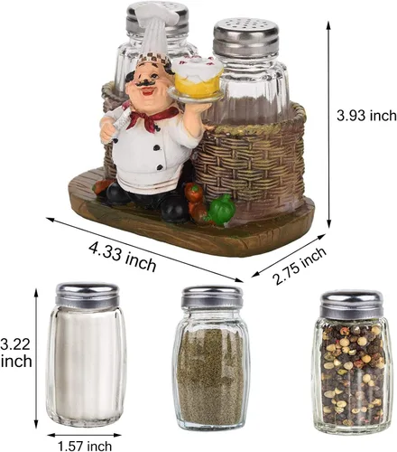Miniatura 4 de Juego de saleros y pimenteros, estatua decorativa de chef sentado, organizador de especias, tarros de especias de vidrio con soporte, figura
