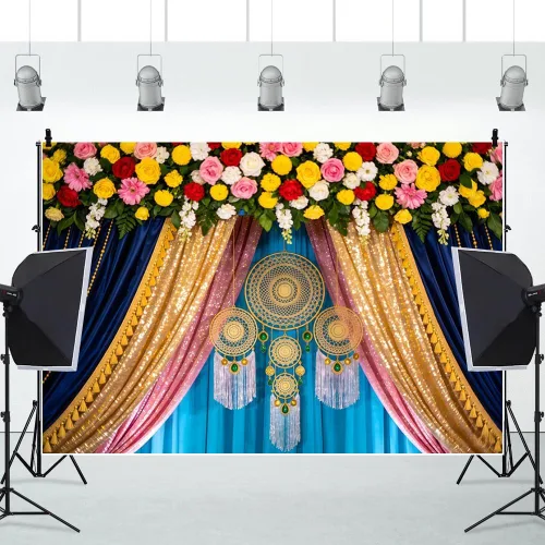 Miniatura 5 de Renaiss Telón de fondo indio Pooja de 5 x 3 pies, cortina de matrimonio de flores coloridas de macramé, caléndula de macramé, fondo de fotografía