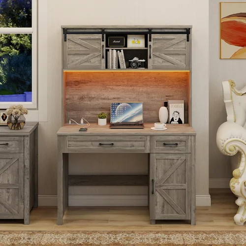 Miniatura 11 de Escritorio ejecutivo de granja de 67 pulgadas de alto con gabinete, mesa de oficina con luz LED y 4 cajones, escritorio para computadora