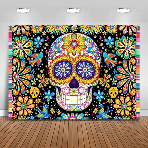 Mocsicka Telón de fondo del Día de los Muertos, decoración mexicana de calavera y flores de calavera, cumpleaños, baby shower, fiesta, fotografía de