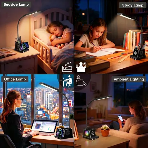 Miniatura 6 de Lámpara de escritorio LED Cozoo para hogar y oficina, lámpara de escritorio brillante de 15W con cargador inalámbrico y soporte para bolígrafos
