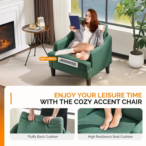 Miniatura 6 de VINGLI Juego de 2 sillas decorativas de tela de lino, sillón tapizado moderno verde, cómodo sofá, sala de estar, dormitorio, muebles para apartamento