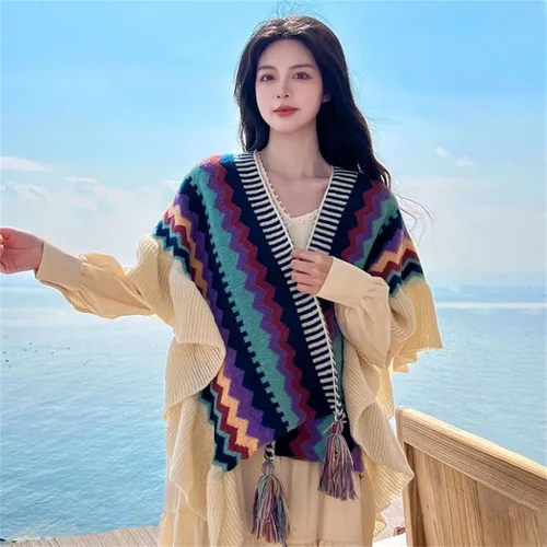 Miniatura 7 de SXLINGDO Poncho cruzado frontal tipo suéter de punto elegante capa de chales, cárdigan bohemio con borla para mujer