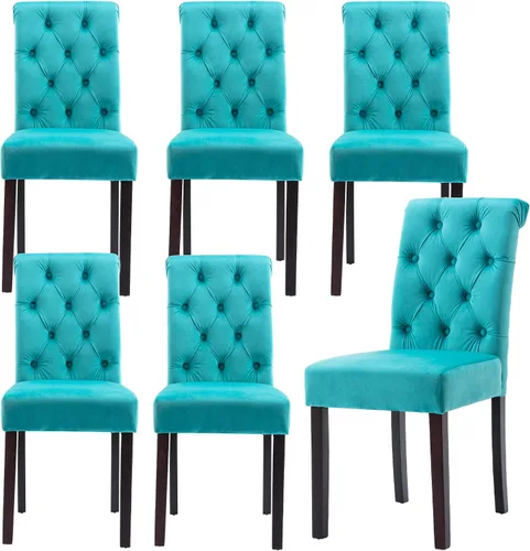Miniatura 18 de Juego de 2 sillas de comedor de terciopelo tapizadas, modernas sillas decorativas copetudas, sillas laterales Parsons de madera para el hogar, negro
