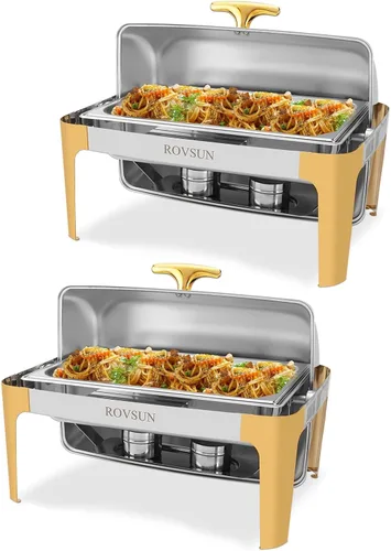 Miniatura 2 de ROVSUN Juego de platos de bufé con tapa enrollable de 9 cuartos de galón, con detalles dorados, de acero inoxidable rectangular para catering