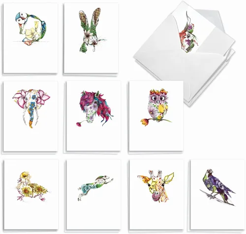 The Best Card Company - 20 tarjetas surtidas de animales a granel en caja (4 x 5.12 pulgadas) (10 diseños, 2 de cada uno) - Animales florecientes