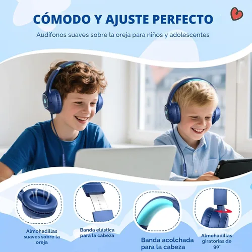 Miniatura 4 de Auriculares para niños con cable para la escuela, límite de volumen de 85/94 dB, auriculares con cable sobre la oreja para niños y niñas con Azul