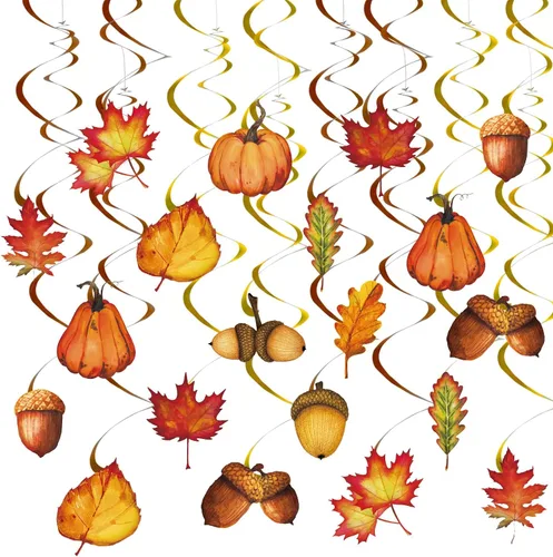 Whaline 32 piezas de remolino colgante de otoño, calabaza, hoja de arce, piña, remolino, decoración para colgar en el techo, remolinos de fiesta de
