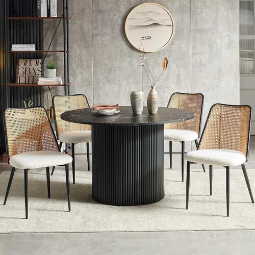 Miniatura 3 de NORDICANA Juego de comedor para 4 personas, moderno juego de sillas de mesa de cocina de 4 asientos con asiento beige y respaldo de ratán, mesa