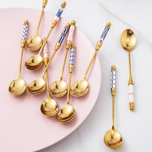 Miniatura 9 de Cucharas de café de acero inoxidable chapadas en oro, cucharaditas de acero inoxidable, cuchara de cerámica, cuchara de té y café para postre