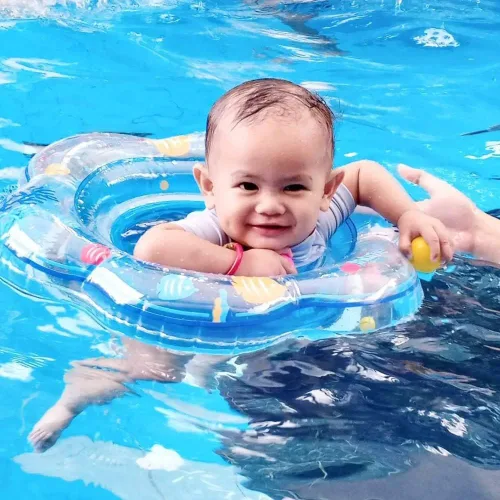 Miniatura 7 de Arcimatto Flotadores de piscina para bebés, balsa inflable con asa, asiento de seguridad doble, anillo de natación para niños, flotadores de agua