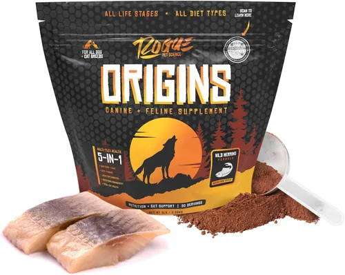 ROGUE PET SCIENCE Origins suplemento para perros 5 en 1 - Aderezo de comida en polvo con aceite de pescado omega 3 natural - Apoya la digestión