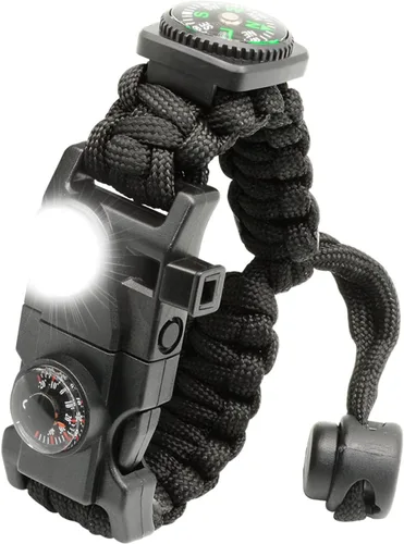 Miniatura 10 de Brazalete de paracord de supervivencia 20 en 1, kit de equipo ajustable con luz LED SOS, arrancador de fuego, brújula más grande, silbato de Negro