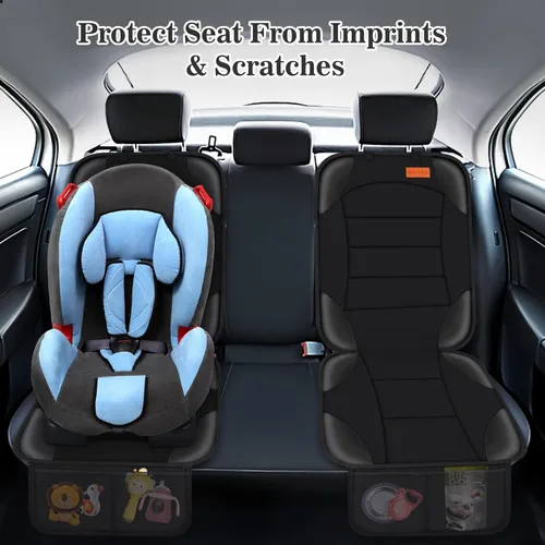 Miniatura 8 de Siivton Protector de asiento de automóvil para asiento infantil para asientos de cuero y tela, 2 bolsillos de malla, respaldo antideslizante, Negro