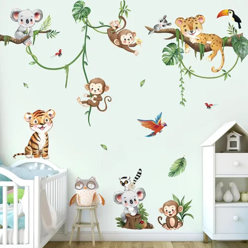 Miniatura 2 de decalmile Calcomanías de pared de rama de árbol de animales de selva, safari animal, mono, koala, calcomanías de pared para bebé, guardería