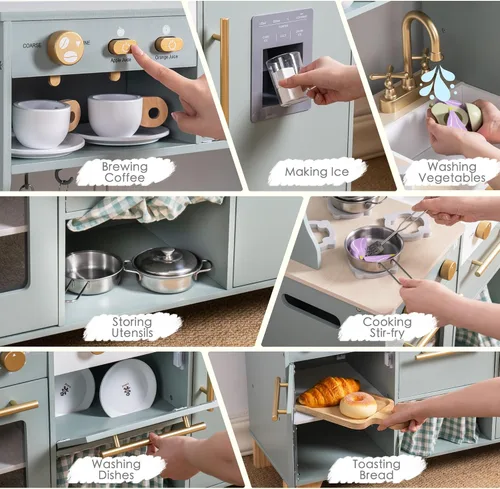 Miniatura 7 de ROBOTIME Juego de cocina para niños pequeños, juego de cocina de madera con nevera, máquina de hielo, cafetera, juguetes de cocina de regalo