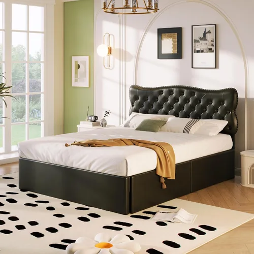 Miniatura 19 de Cama de plataforma tapizada de tamaño individual con barandilla, cabecera de almacenamiento y estribo, para niños, adolescentes y adultos, uso