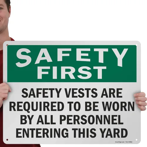 Miniatura 2 de SmartSign Letrero de metal OSHA de 18 x 24 pulgadas con texto en inglés "Safety First - Safety Vests are Required by All Personnel Entering This Se